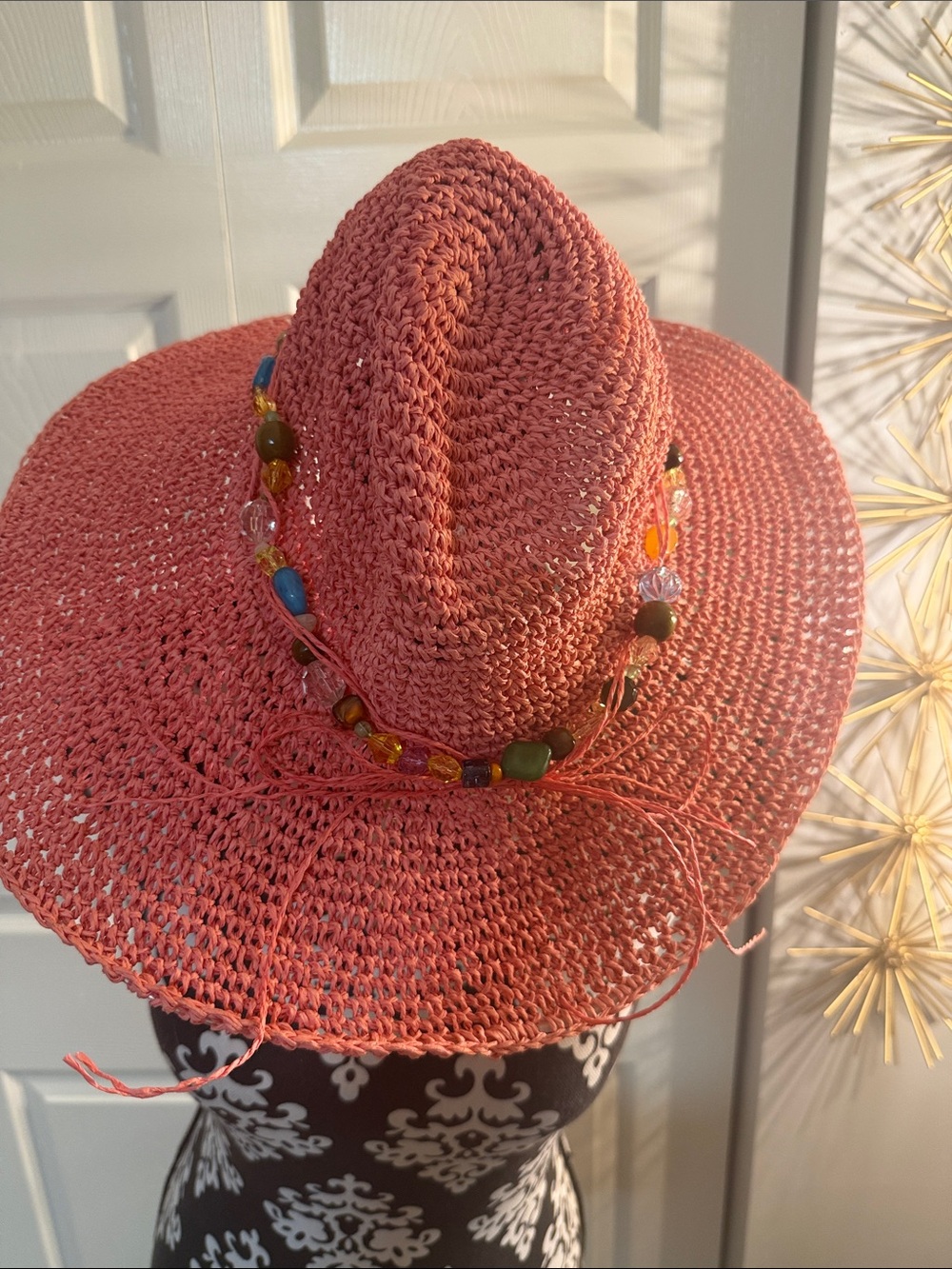 Coral Straw Sun Hat with Beaded Trim